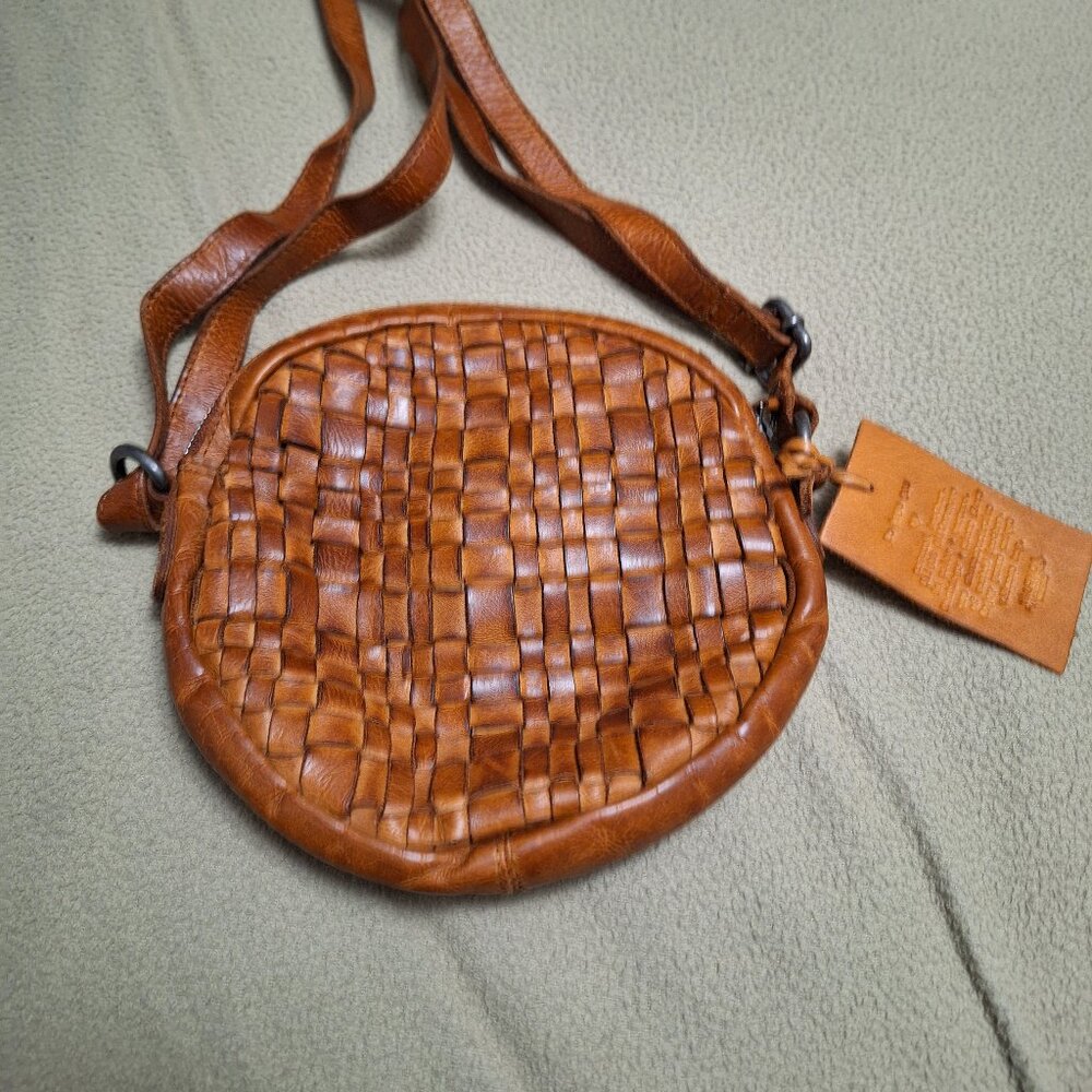 Leather Circle Purse with Woven Leather